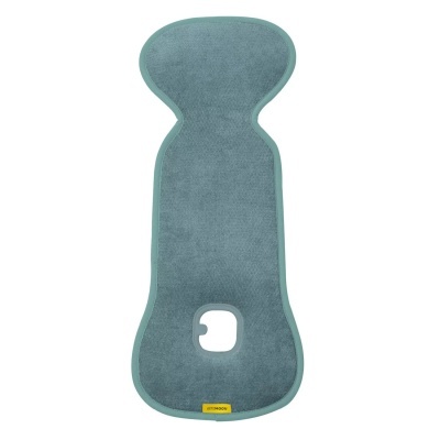 Capa de assento para bebé cinzenta azulada com recorte e etiqueta amarela