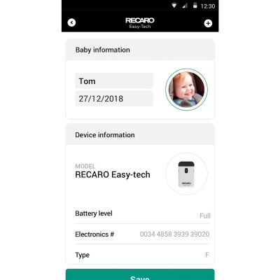 Captura de ecrã da app RECARO Easy-Tech com dados do bebé Tom e informações do dispositivo RECARO.