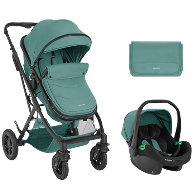 Carrinho de bebé, cadeira auto e bolsa em tecido verde-azulado e estrutura preta