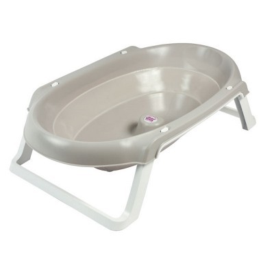 Banheira de bebé cinza claro com suporte branco dobrável
