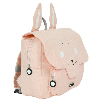 Mochila infantil cor de rosa com orelhas de coelho e rosto desenhado