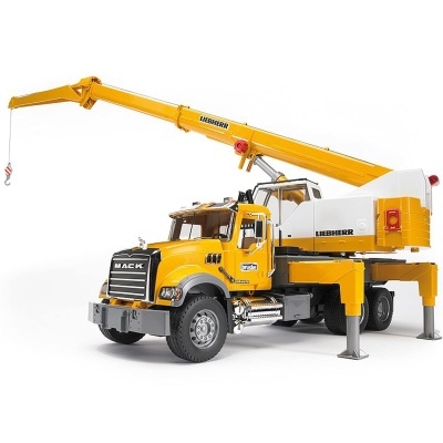 Camião-guindaste de brinquedo amarelo com texto LIEBHERR e MACK em fundo branco
