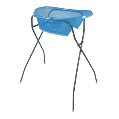 Banheira azul plástica com suporte metálico preto