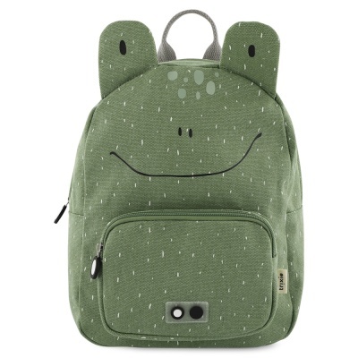 Mochila infantil verde com rosto de sapo e bolso frontal