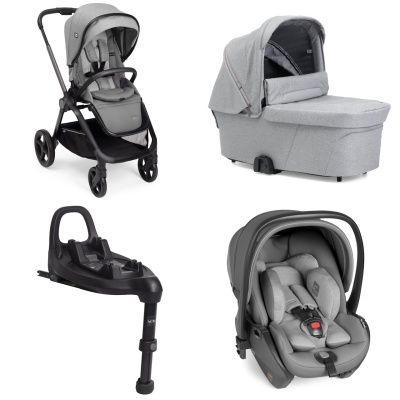 Conjunto de produtos para bebé com carrinho, alcofa, base auto para carro e grupo 0+ cinzentos