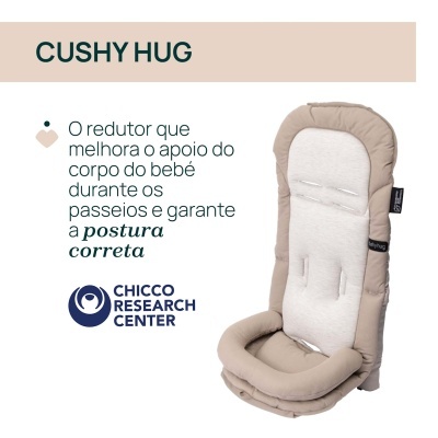 Redutor bebé acolchoado bege e cinzento claro com etiquetas Cushy Hug e Chicco Research Center