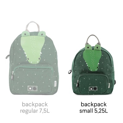 Duas mochilas verdes com desenhos de crocodilo, uma maior e outra menor, com texto indicando os tamanhos.