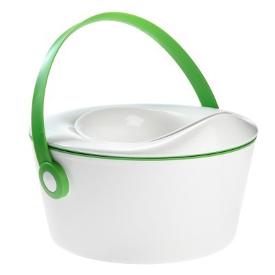 Recipiente plástico branco com tampa e alça verde