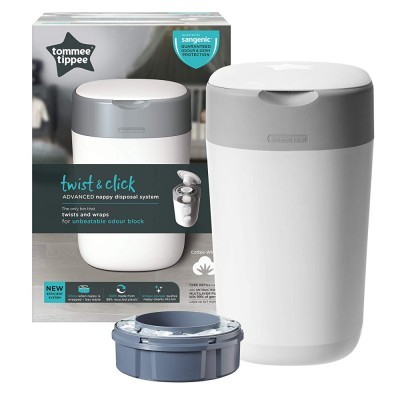Sistema de eliminação de fraldas Tommee Tippee Twist & Click em plástico branco com tampa cinza e recarregador azul