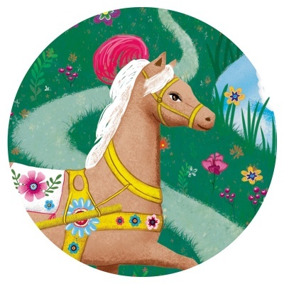 Ilustração de cavalo de baloiço cor-de-rosa claro com arreios amarelos e flores num fundo verde com flores