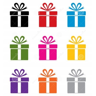 Nove caixas de presente coloridas com laços e faixas brancas