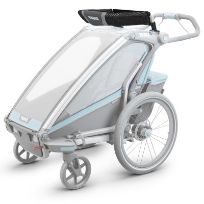 Carrinho de criança Thule cinzento e azul para bicicleta com rodas e capota transparente