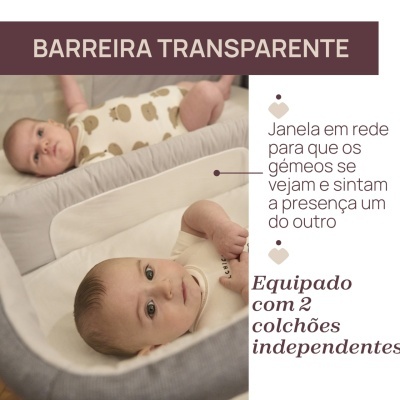 Berço com barreira transparente e dois bebés deitados lado a lado