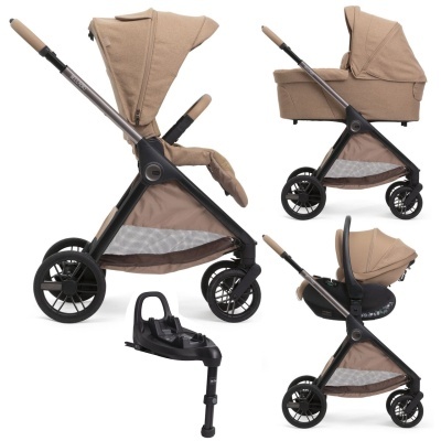 Carrinho de bebé bege com estrutura preta e acessórios