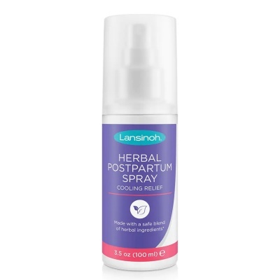 Frasco de spray Lansinoh Herbal Postpartum em roxo e branco