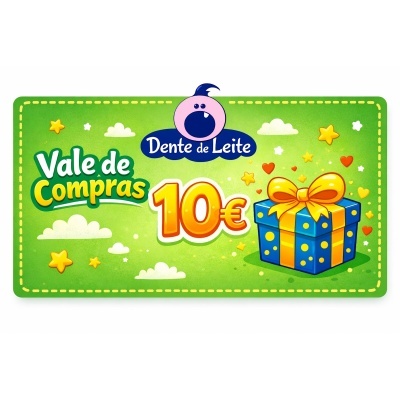 Vale de compras 10€ com presente azul e fundo verde
