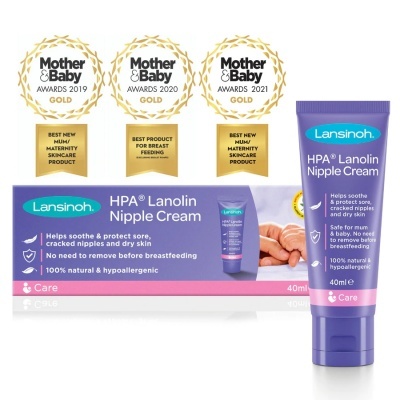 Creme Lansinoh HPA Lanolin Nipple Cream em tubo roxo ao lado da embalagem exterior branca e roxa com textos e prêmios.