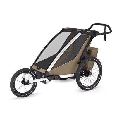 Carrinho de bebé jogging em alumínio branco, tecido bege e preto com rede frontal, rodas grandes e marca THULE.