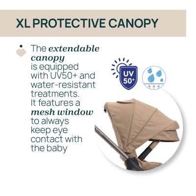 Capota extensível XL PROTECTIVE CANOPY castanha para carrinho de bebé com janela de rede e estrutura metálica