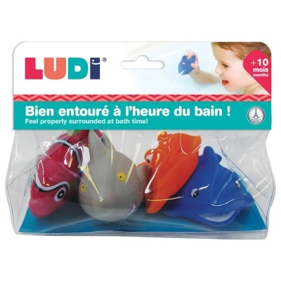 Três brinquedos de banho de animais em embalagem LUDI