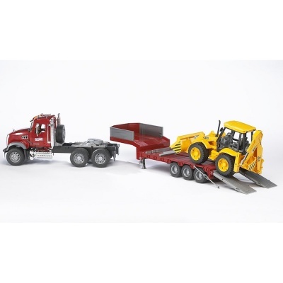 Modelo de camião de reboque vermelho com escavadora amarela