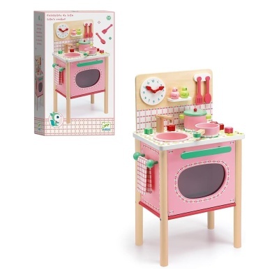 Cozinha de brinquedo em madeira rosa com forno e utensílios