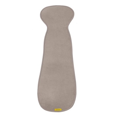 Tapete ou almofada cinzenta comprida com etiqueta amarela