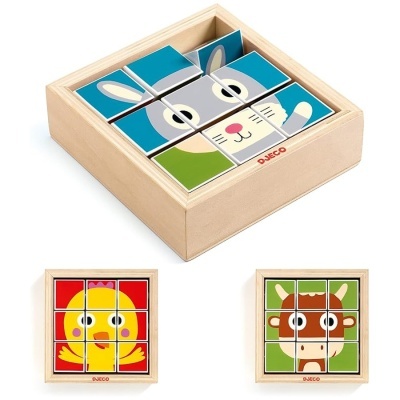 Três puzzles de madeira de animais com moldura clara e peças coloridas.