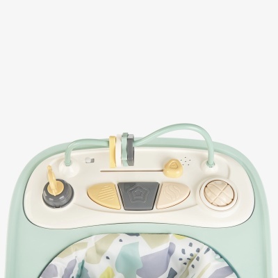 Painel superior de andador de bebé com botões coloridos e tecido estampado