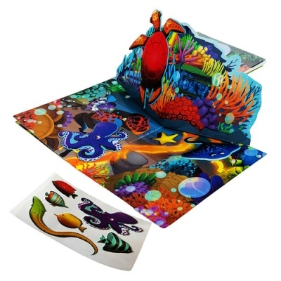 Livro pop-up e autocolantes com tema marinho colorido para crianças