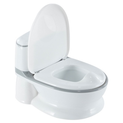 Sanita infantil de plástico branco com tampa aberta e detalhe cinzento