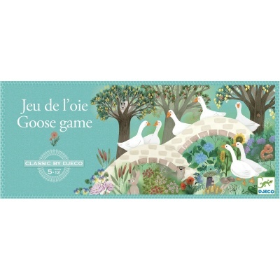Embalagem de jogo infantil 'Goose game' com ilustração de gansos e natureza