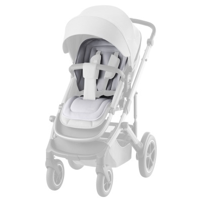 Carrinho de bebé cinza e branco com cinto de segurança e capota branca