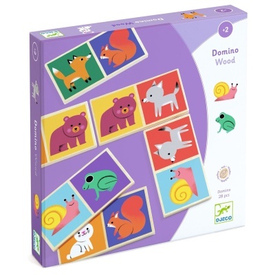 Caixa roxa de dominó de madeira para crianças com peças ilustradas com animais coloridos.
