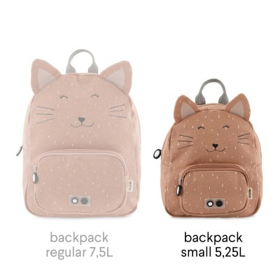 duas mochilas infantis rosa claro e castanha com desenho de gato e texto sobre capacidade