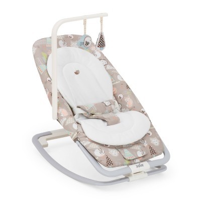 Cadeira de bebé baloiço em tecido estampado com estrutura cinzenta e branca