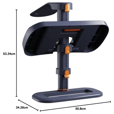 Suporte ajustável em plástico preto com detalhes em laranja e base larga