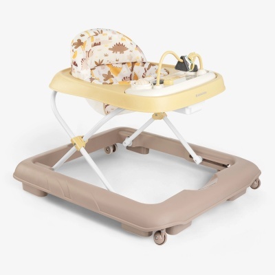 Andador de bebé bege e amarelo com assento tecido com padrão de dinossauros