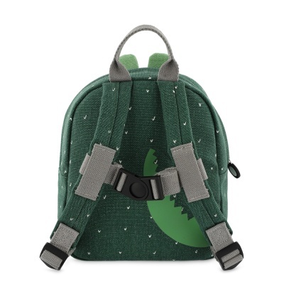 Mochila infantil verde com alças cinza e detalhe de dinossauro
