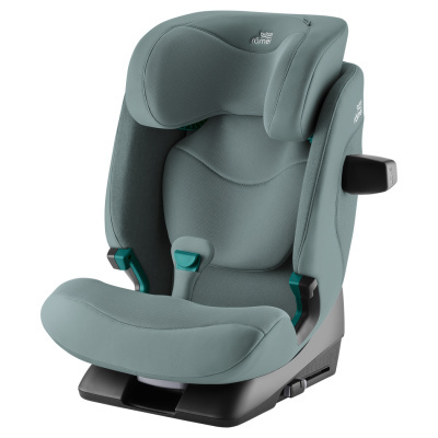 Cadeira auto para crianças cinza-azulado com base preta e logo britax römer