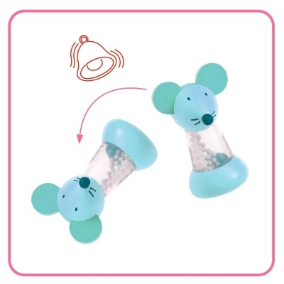 Brinquedo infantil azul em forma de rato com corpo transparente e bolinhas brancas