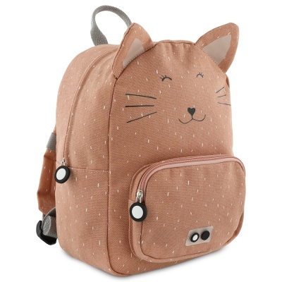 Mochila infantil castanha com cara de gato e orelhas
