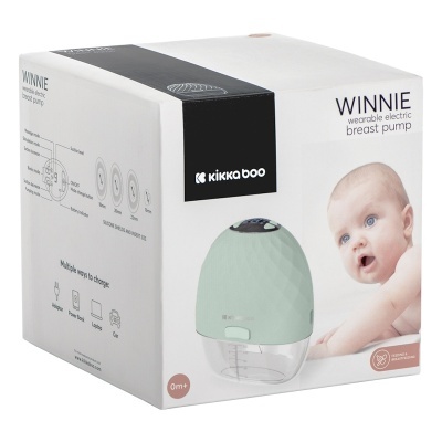 Caixa do produto bomba de leite elétrica wearable WINNIE Kikka Boo com imagem do dispositivo e um bebé