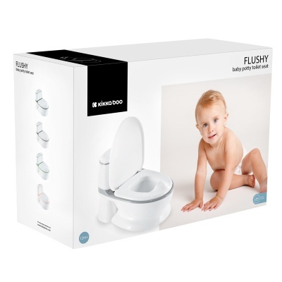 Embalagem branca de assento de sanita para bebé Kikka Boo Flushy com imagem do produto e bebé