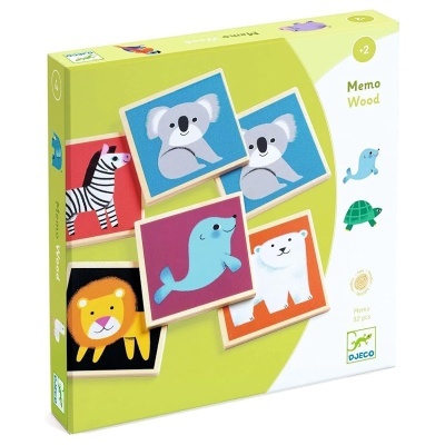 Caixa de jogo de memória Memo Wood com peças de madeira coloridas ilustradas com animais.