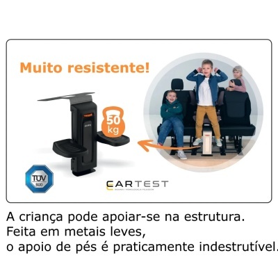 Apoios de pés de metal leves na cor preta para bancos de carro com capacidade até 50 kg, imagem inclui três crianças e texto em português