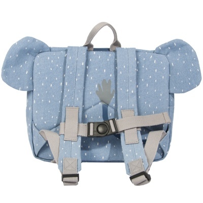 Mochila infantil azul claro com padrão de gotas brancas e orelhas laterais