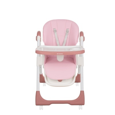 cadeira de bebé cor-de-rosa com bandeja branca e estrutura rosa e branca