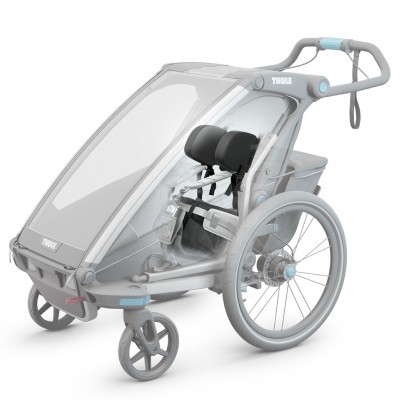Carrinho de criança para bicicleta Thule cinza com assentos pretos e cobertura transparente