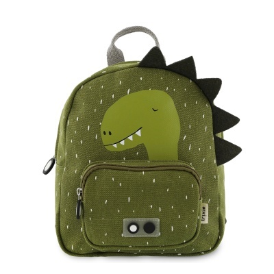 Mochila infantil verde com desenho de dinossauro e espinhos pretos